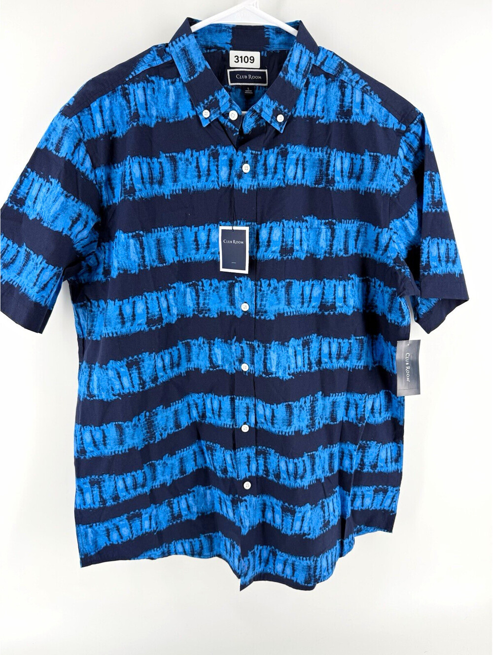 Club Room Mens L Short Sleeve Button Up Button-Down Poplin Navy Blue Stripe NWT